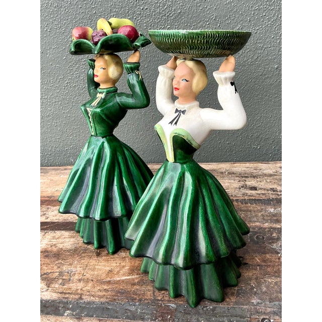 Green Vintage MCM Hand Painted Figured - Set Of. 2 For Sale - Image 8 of 12