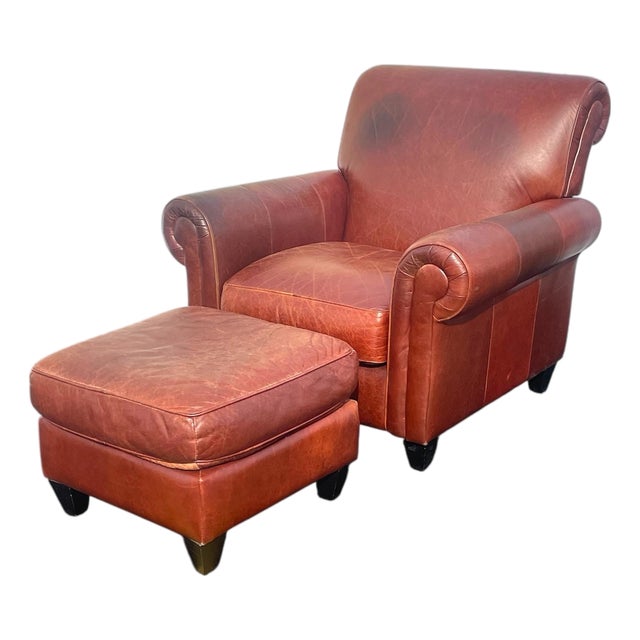 1980s Large Contemporary Art Deco Style Leather Club Chair & Ottoman Set For Sale