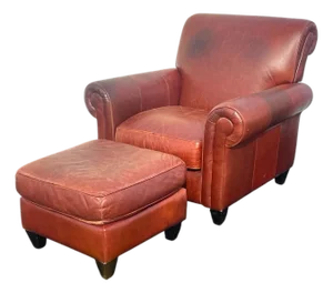 1980s Large Contemporary Art Deco Style Leather Club Chair & Ottoman Set