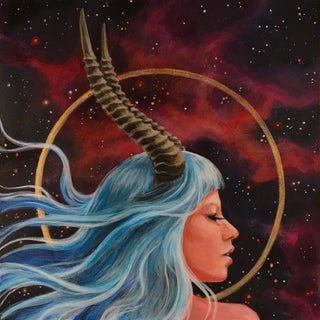 Waterbuck Nebula by Stephanie Freese | Acrylic on hardboard Portrait of a woman with horns in space. For Sale