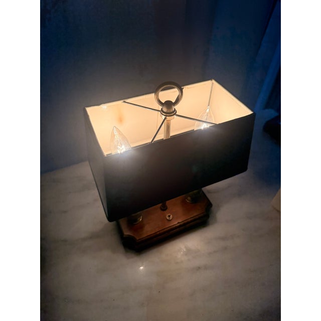 Vintage 2-Light French Bouillotte Style Table Lamp With Red Shade, Antique Brass & Wood Desk Lamp For Sale - Image 16 of 17
