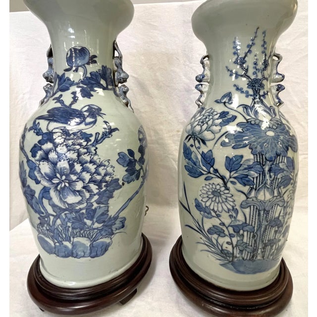 Vintage Hand Painted Celadon Vases Converted to Lamps- a Pair For Sale - Image 4 of 13