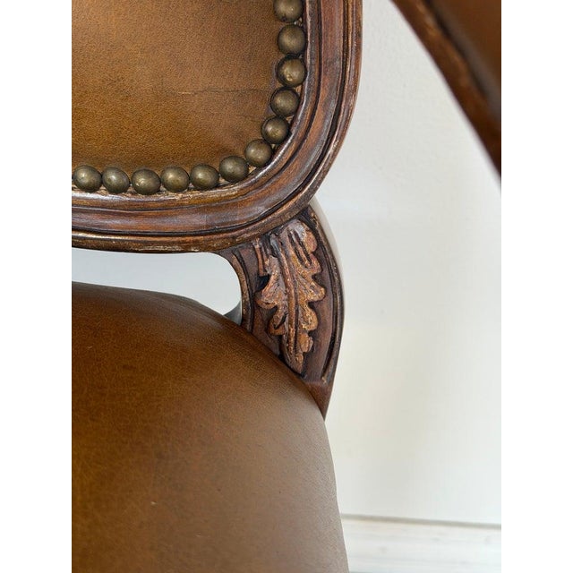 Pair of VIntage French Louis XV Cognac Leather Fauteuils For Sale - Image 9 of 18