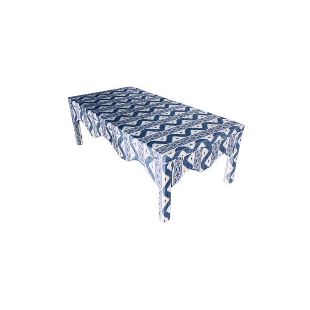 Custom Scalloped Coffee Table in Blue Ikat For Sale - Image 6 of 16