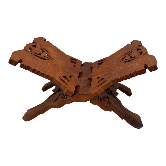 Hand-Carved Folding Wooden Book Stand | Moorish Rehal Lectern | Global Bohemian Decor For Sale