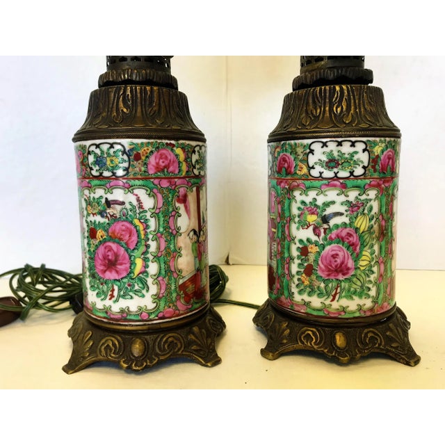 Traditional Early 20th Century Antique Asian Chinoiserie Style Hand Painted Porcelain and Bronze Oil Lamps Converted to Electric - a Pair For Sale - Image 3 of 13