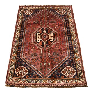 Qashqai Rug 3'6'' X 5'3'' Red Wool Vintage Tribal Hand-Knotted Oriental Carpet For Sale