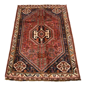 Qashqai Rug 3'6'' X 5'3'' Red Wool Vintage Tribal Hand-Knotted Oriental Carpet