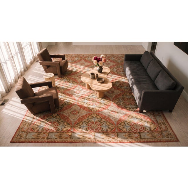 Textile 1880s Salmon Floral Medallion Antique French Needlepoint Rug 13'4" X 18' Flatweave Wool Carpet For Sale - Image 7 of 9