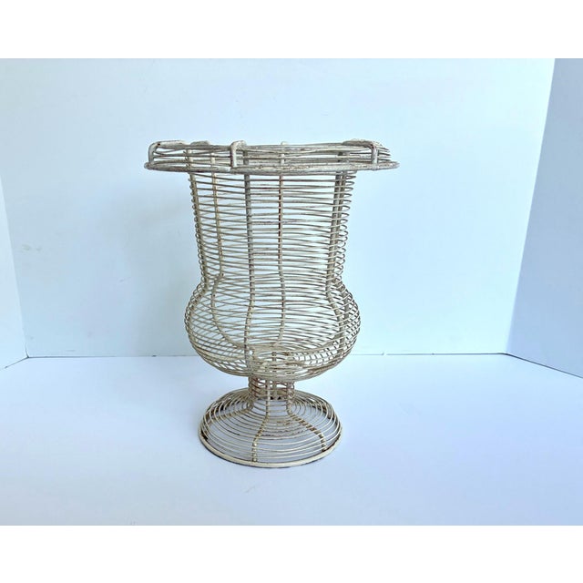 Farmhouse Vintage Antique White French Metal Urn | Wire Egg Basket | Jardiniere Planter For Sale - Image 3 of 12