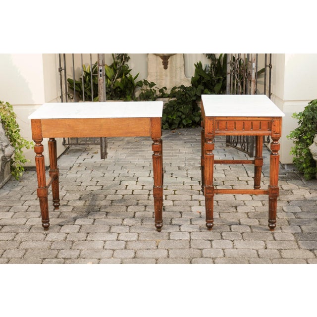 Late 19th Century Pair of French 1870s Neoclassical Style Wooden Console Tables with Marble Tops For Sale - Image 5 of 12