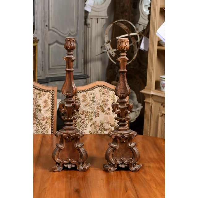 Italian 17th Century Baroque Period Altar Candlesticks with Carved Décor - A Pair For Sale - Image 10 of 12