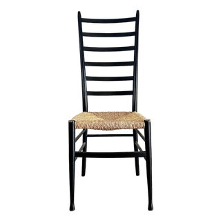 Mid-Century Modern Italian High-Back Black Side, Office Chair With a Rush Seat in the Iconic Style of Italian Designer Gio Ponti For Sale