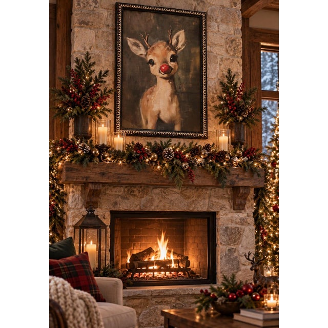Wood Large Framed Baby Rudolph Christmas Reindeer Wall Art, 28” X 39” For Sale - Image 7 of 8