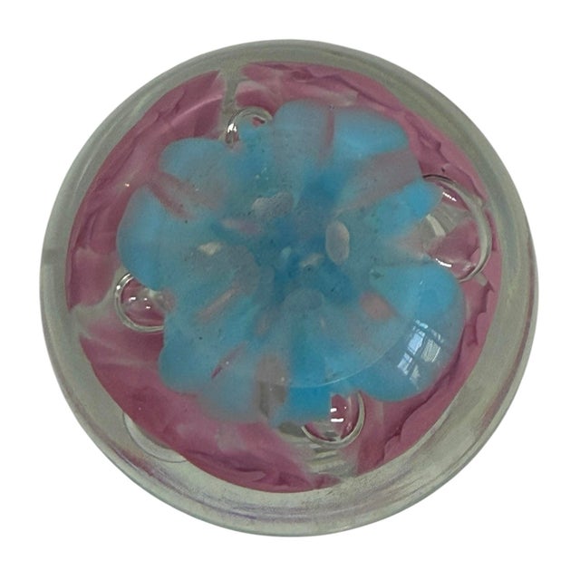 Vintage Joe St. Clair Controlled Bubble Ice Pink Blue Trumpet Flowers 4 1/4” Perfume Bottle Paperweight For Sale - Image 9 of 12
