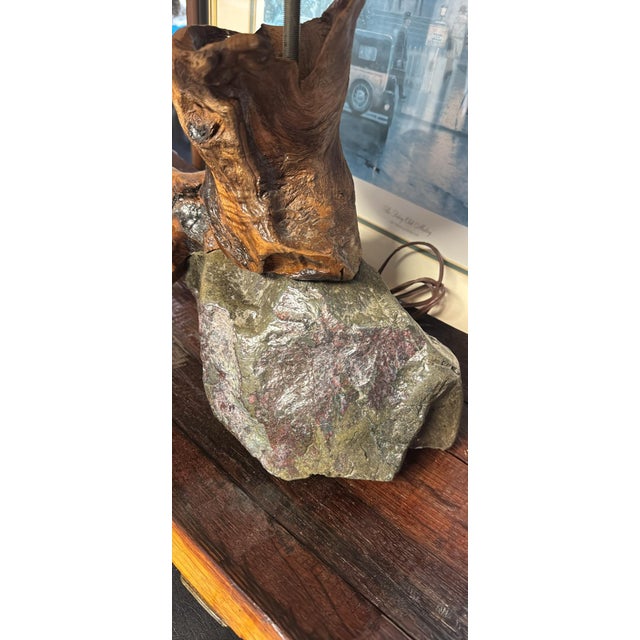 Large Mid-Century Studio Craft Burl Root & Unakite Stone Lamp With Organic Fiber Shade — 16” For Sale - Image 17 of 17
