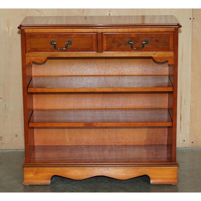 Vintage Burr Yew Wood Dwarf Open Library Bookcase with Twin Drawers For Sale - Image 3 of 15