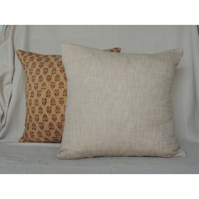 Vintage Orange Hand-Blocked Indian Print Decorative Square Pillows - Set of 2 For Sale In Tampa - Image 6 of 6