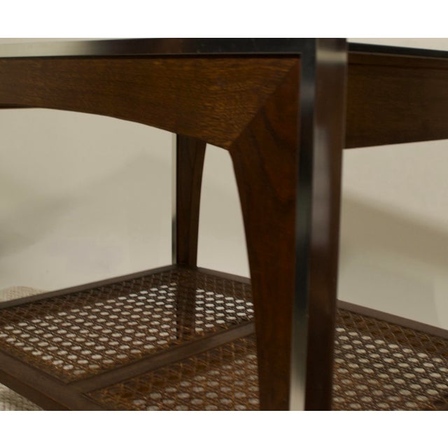 Wood Vintage Side Table With Cane Shelf and Smoked Glass Top For Sale - Image 7 of 9