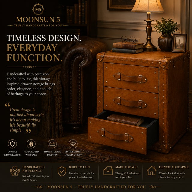 Luxury Handmade Leather Bedside Tables, Pair of Vintage Trunk Nightstands, Leather 3 Drawer Bedside Cabinets With Brass Studs, A Pair For Sale - Image 14 of 14