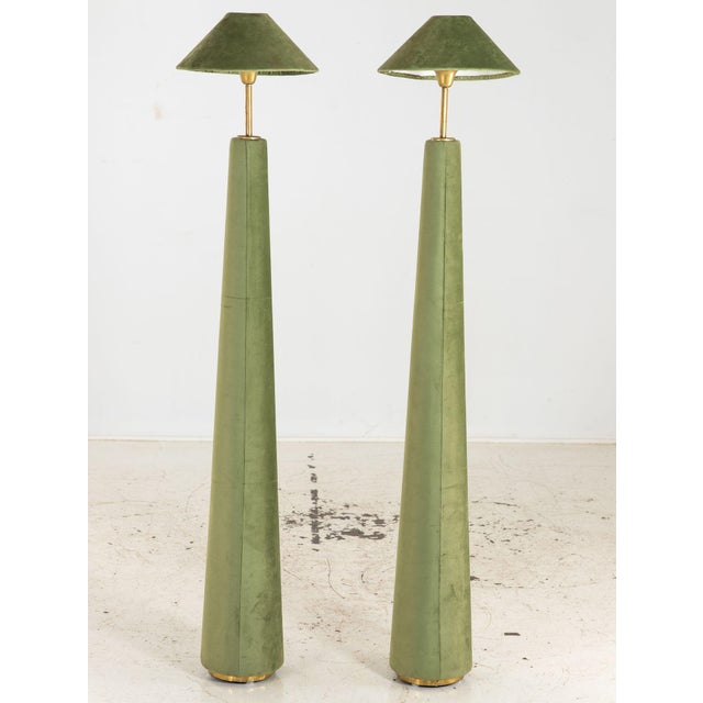 Green Pair of Moss Green Velvet Floor Lamps, French Late 20th C. For Sale - Image 8 of 11