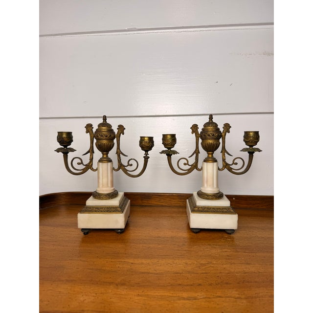 Pair of French Empire Style 19 Century Pair of Marble & Gilt Bronze Candle Sticks With Rooster Heads For Sale - Image 10 of 13