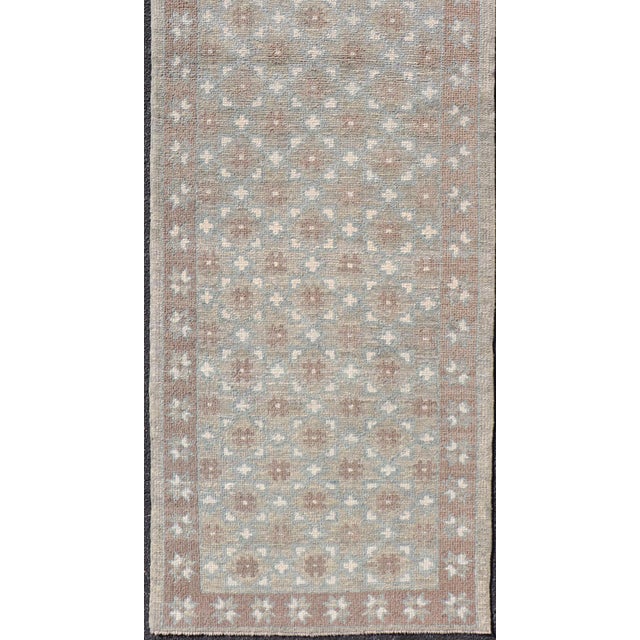 Traditional Turkish Oushak Runner With Repeating Floral Motif in Taupe and Seafoam Green For Sale - Image 3 of 10
