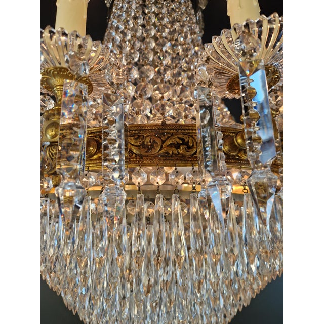 Metal Antique French Empire Crystal Tent and Basket Chandelier Brass For Sale - Image 7 of 14