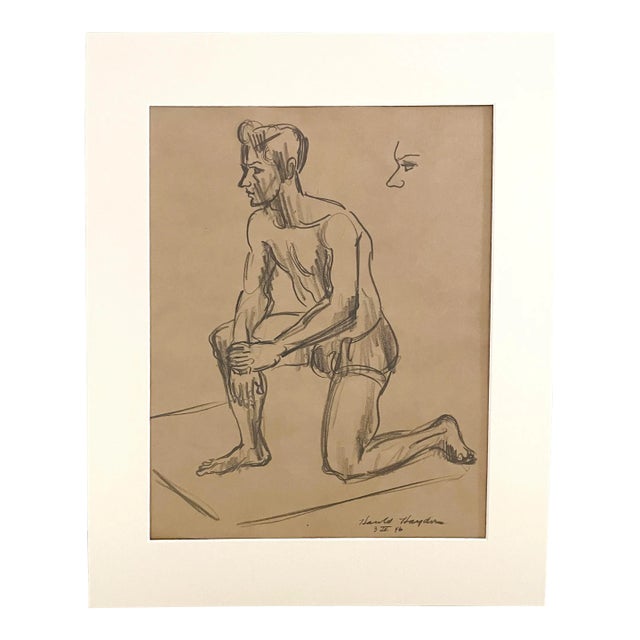 1946 Graphite on Paper, Kneeling Male Figure by Artist Harold Haydon For Sale