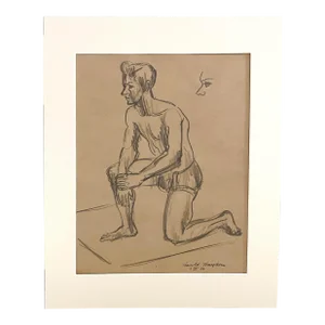 1946 Graphite on Paper, Kneeling Male Figure by Artist Harold Haydon