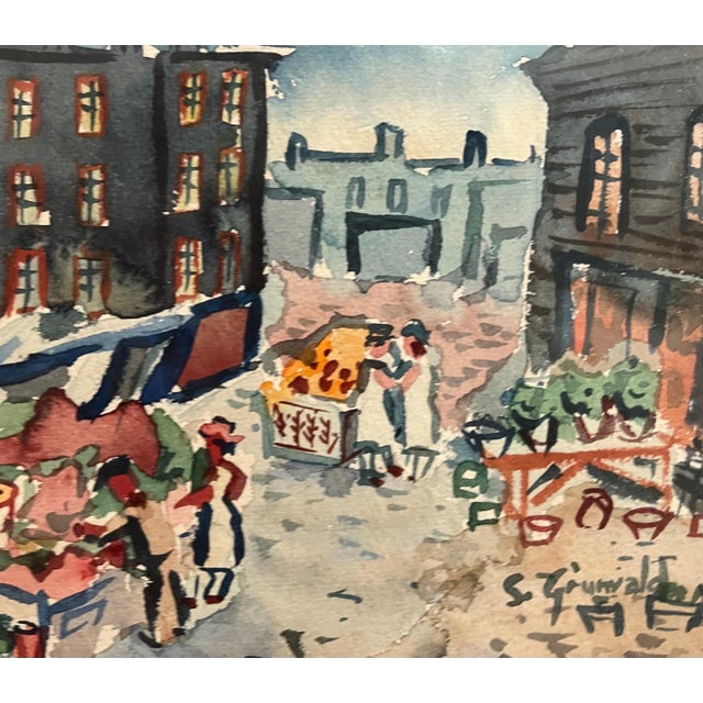Paper Samuel Grunvald, 1940's American WPA Modernist New York City Watercolor Painting Tenement Market, c.1940s For Sale - Image 7 of 8