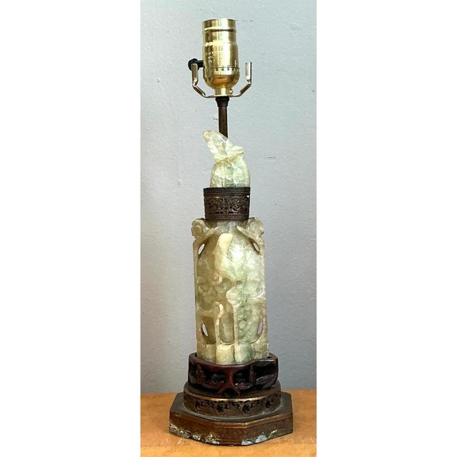 Wood Vintage Jadite Carved Lamp With Brass For Sale - Image 7 of 12