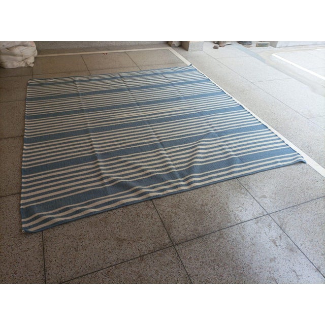 Handmade Thick Woolen Flat Weave Rug, Sky Blue and White Striped Wool Rug - 8'x8' For Sale - Image 11 of 14