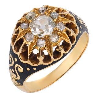 19th Century Victorian Diamond 14k Yellow Gold Silver Enamel Ring, Size 6.5 For Sale