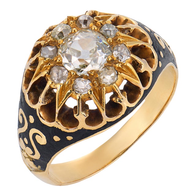 19th Century Victorian Diamond 14k Yellow Gold Silver Enamel Ring, Size 6.5 For Sale
