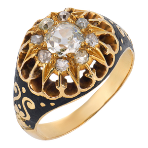 19th Century Victorian Diamond 14k Yellow Gold Silver Enamel Ring, Size 6.5