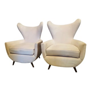 21st C. Italian Modern Cream Upholstered Lounge Chairs - a Pair For Sale