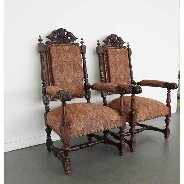 Spanish Revival Vintage Spanish Revival Carved Wood Armchairs (Set of 2) For Sale - Image 3 of 17