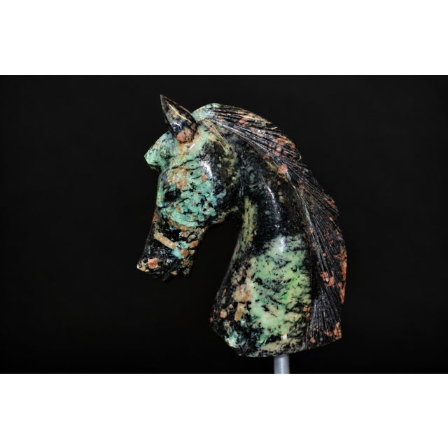Emerald Horse Bust Statue Hand Carved Gemstone Horse Sculpture 2 For Sale - Image 9 of 12