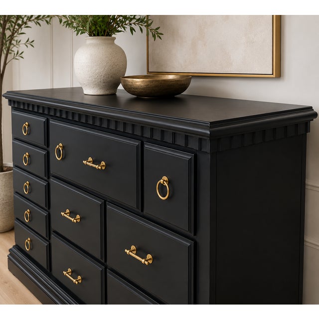 Refinished Black Dresser With Brass Ring Hardware-Modern Classic 9-Drawer Statement Piece For Sale - Image 4 of 7