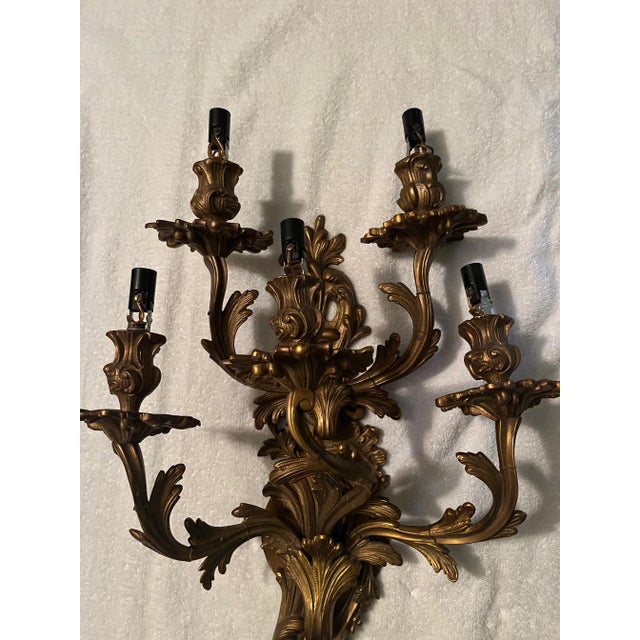 Bronze Pair of Antique Rococo-Style 5-Arm Bronze Electrified Sconces For Sale - Image 8 of 9