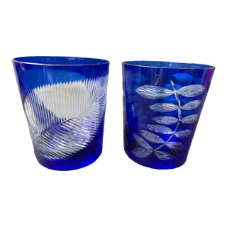 Mid 20th Century Bohemia Cut to Clear Cobalt Etched Tumblers Glasses a Pair For Sale