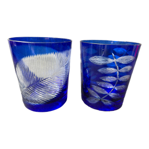 Mid 20th Century Bohemia Cut to Clear Cobalt Etched Tumblers Glasses a Pair