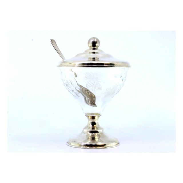 Metal Silver Compote Dish with Spoon, Acid Etched Glass Core and Knob Lid, Set of 2 For Sale - Image 7 of 8