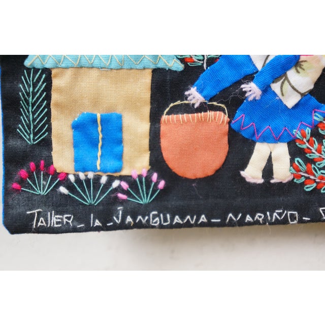 Colombian Arpillera Folk Art Village Farm Animal Scene Textile Tapestry 28" For Sale - Image 4 of 15