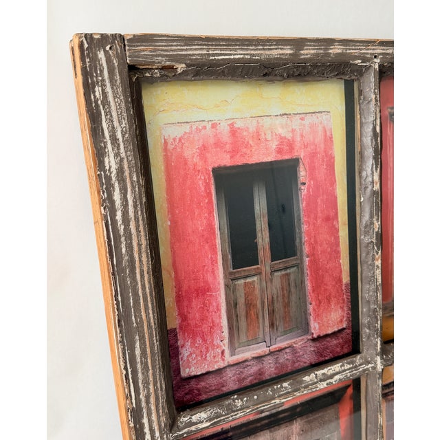Six color photographs of doors in San Miguel de Allende, Mexico, presented in a distressed wood window frame. Reverse...