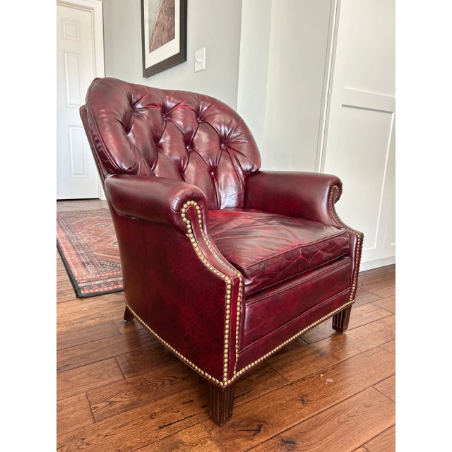 Mid-Century Modern Vintage Hancock & Moore Mid-Century Tufted Leather Club Chair – Burgundy Leather, Mahogany Legs, Brass Nailhead Trim For Sale - Image 3 of 10