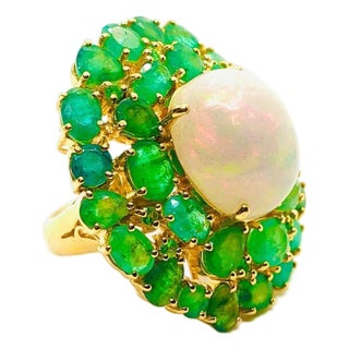 Bochic “Orient” Vintage Emeralds & Fire Opal Ring Set In 18K Gold & Silver For Sale