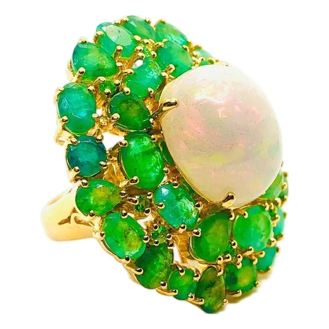 Bochic “Orient” Vintage Emeralds & Fire Opal Ring Set In 18K Gold & Silver For Sale