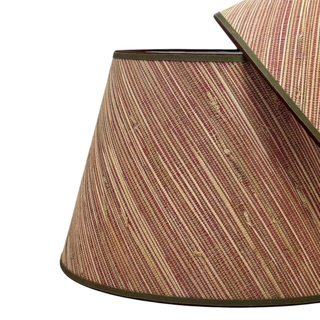 Contemporary Grasscloth Lamp Shade in Pink Striation with Green Grossgrain Trim - 9” x 16” x 11” For Sale - Image 3 of 4